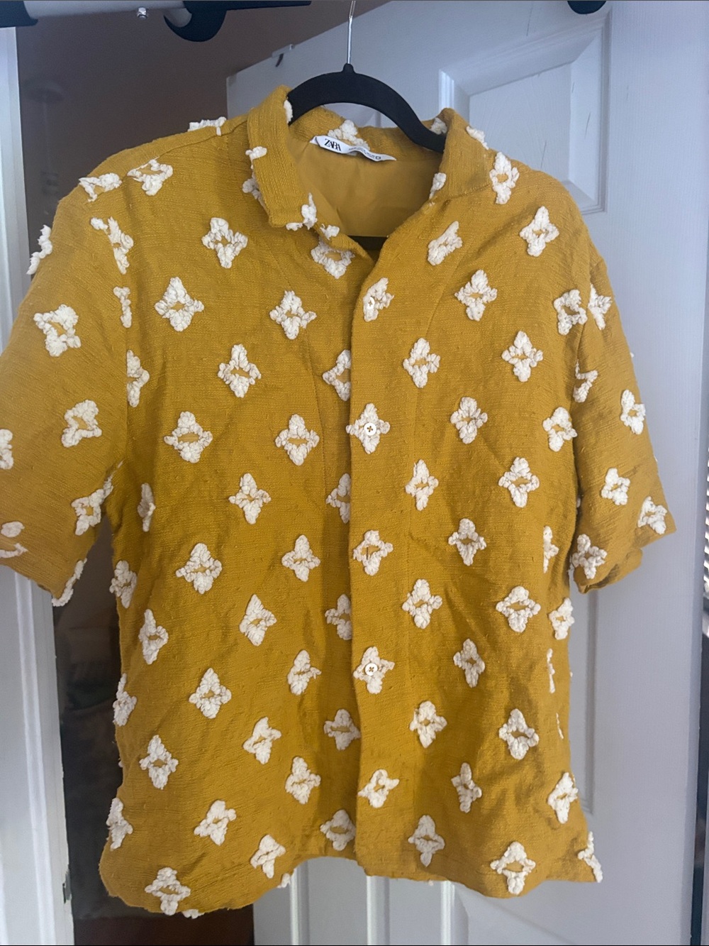 Zara Mustard Yellow Short-Sleeve Button-Down Shirt with White Textured Motifs